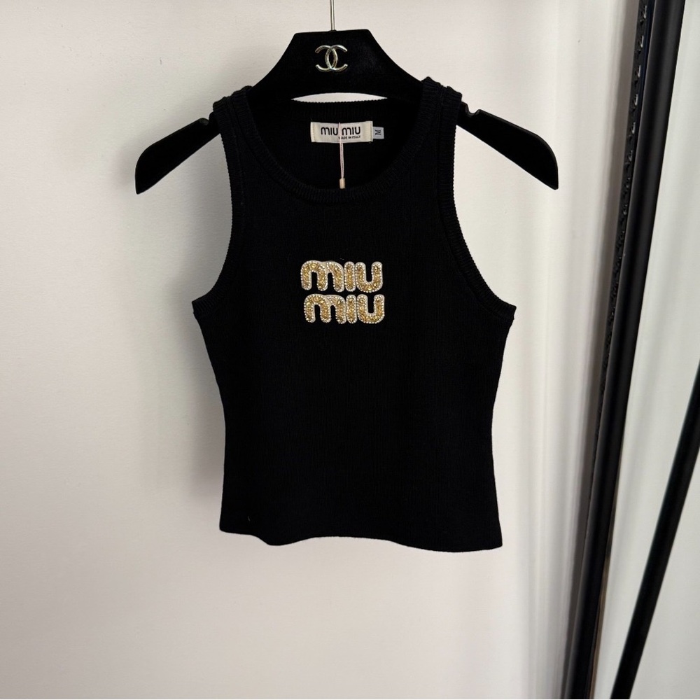 Miu Miu Black Ribbed Tank with Gold Crystal Logo